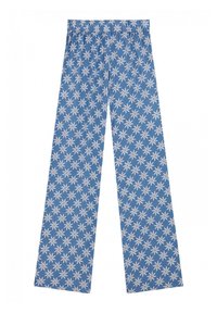 Pantalones de pierna ancha de color azul claro con un patrón floral en blanco y rojo. Cintura elástica. Tejido suave y ligero adecuado para uso casual.