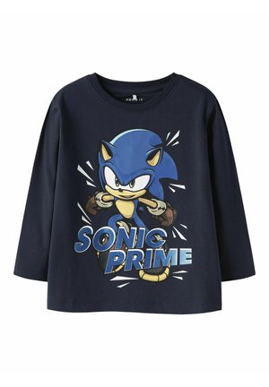 Marineblauw langarmshirt van katoen met een grafisch ontwerp van een blauwe figuur en de tekst "SONIC PRIME" in dikke, contrasterende kleuren.