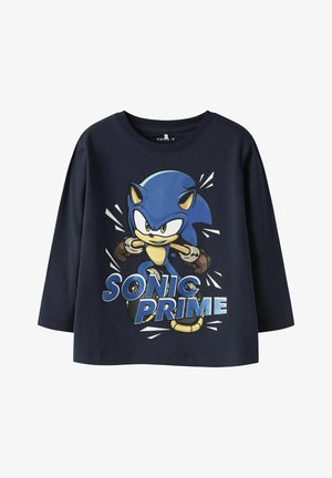 Marine langermet skjorte laget av bomull med et grafisk motiv av en blå karakter og teksten "SONIC PRIME" i fet, kontrasterende farger.