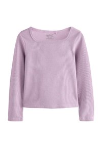 Lila Langarmshirt aus geripptem Stoff, mit quadratischem Ausschnitt und figurnaher Silhouette. Einfaches Design ohne sichtbare Muster oder Akzente.
