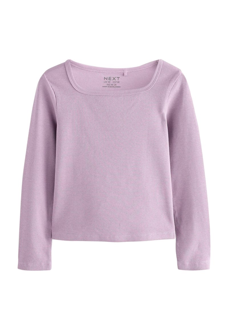 Lila Langarmshirt aus geripptem Stoff, mit quadratischem Ausschnitt und figurnaher Silhouette. Einfaches Design ohne sichtbare Muster oder Akzente.