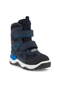 Marinblå vinterkänga för barn med kardborreband, textil- och gummimaterial, grov sula och ljusblå accenter. Vattentålig design.