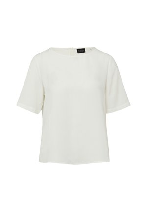 Weiße Bluse mit kurzen Ärmeln, rundem Ausschnitt und kleinem Reißverschluss hinten, aus glattem Stoff gefertigt.