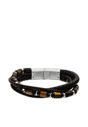 Braided leather bracelet with black, brown, and metallic beads, featuring a silver magnetic clasp. Smooth texture, varied bead shapes.