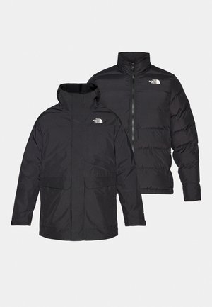 Casaco reversível preto da The North Face com fecho de correr à frente, gola alta e dois bolsos frontais, mostrado em vista frontal e traseira.