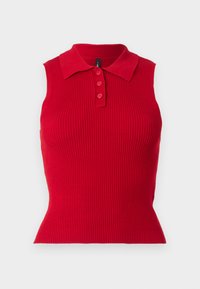 Rød ermeløs ribbet polo topp med klassisk krage og tre-knappsknepping. Fitted design med teksturert stoff.