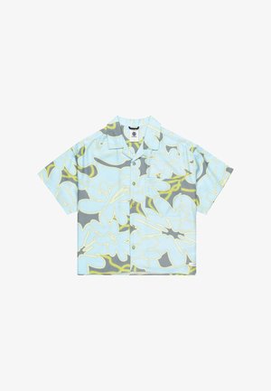 Lühikeste varrukatega helesinisest kangast särgil on kollane ja hall lillemuster. Särgil on nööpidega esiosa ja üks rinnatasku.