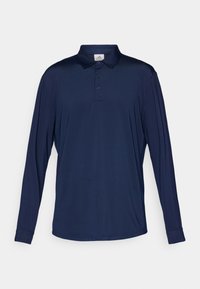 Polo shirt à manches longues bleu marine en tissu lisse et léger ; dispose d'un col avec trois boutons et de manches à poignet.