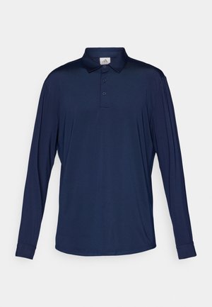 Marineblå langermet polo skjorte laget av glatt, lett stoff; har krage med tre knapper og mansjetterte ermer.