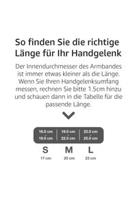 Größentabelle für Armbänder mit Spezifikationen: Innendurchmesser im Vergleich zur Handgelenkgröße, Angaben zu den Größen S, M, L mit entsprechenden Messungen in Zentimetern.