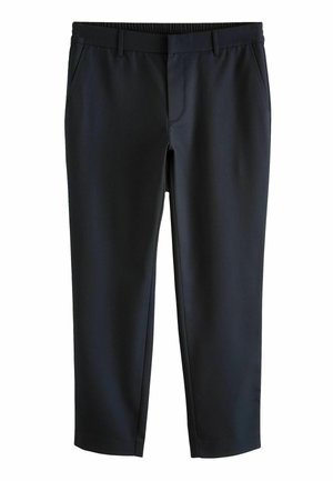 Sorte stretchbukser med elastisk talje, lige snit, to forlommer og en glat tekstur. Velegnede til hverdag eller formelt brug.