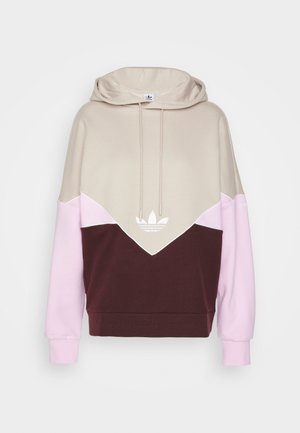Hooded sweatshirt with a color-block design: beige, pink, and maroon. Made of soft fabric, featuring a front logo and adjustable drawstrings.