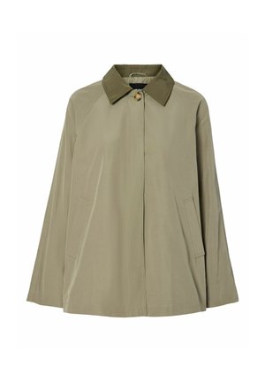 Veste légère vert olive clair avec col vert foncé, un seul bouton supérieur, fermeture avant dissimulée et poches latérales.