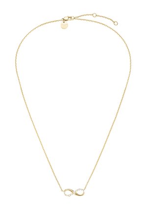 Collana con catena dorata e pendente a forma di simbolo dell'infinito parzialmente incrostato di piccoli cristalli trasparenti e piccolo medaglione rotondo vicino al fermaglio.
