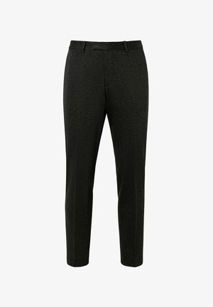 Dark gray trousers featuring a straight leg design, smooth fabric texture, and a flat front with no visible pockets or embellishments.