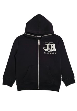 Felpa nera con zip, tasche frontali, cappuccio e logo bianco "JR John Richmond" sul petto a sinistra.