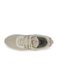Helle beige Sneaker mit einem Obermaterial aus Wildleder und Mesh, verstärkter Zehenkappe, weichen Schnürsenkeln und einem gemusterten Logo auf der Innensohle. Flache Gummisohle mit Grip.