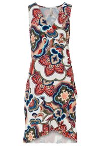 Bezruké zavinovací šaty s výstřihem do V, zdobené vícebarevným květinovým vzorem v červené, modré a zelené na bílém pozadí. Měkká látka.