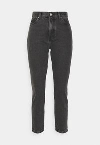 Svart hög midja jeans i denim, med rak ben design, fem fickor och knappstängning vid midjan.