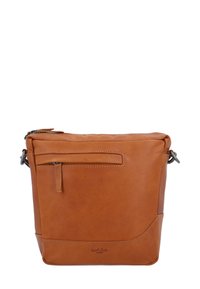 Borsa a tracolla in pelle marrone con forma rettangolare, dotata di una tasca frontale con zip, dettagli di cucitura e una tracolla regolabile.