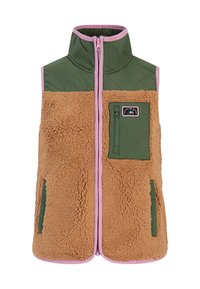 Gevoerde vest met een bruine, donzige buitenkant, groene, geborduurde panelen, roze afwerking en een ritsvak op de borst.