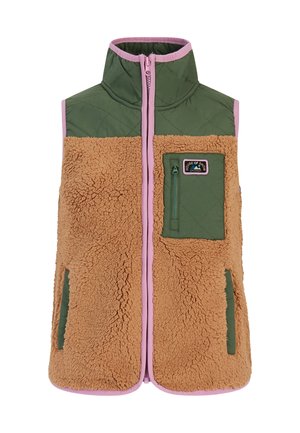 Gepolsterte Weste mit einem braunen, flauschigen Außenmaterial, grünen gesteppte Paneelen, pinkem Besatz und einer Reißverschlusstasche auf der Brust.