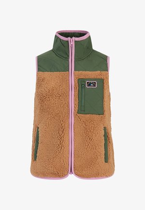 Gevoerde vest met een bruine, donzige buitenkant, groene, geborduurde panelen, roze afwerking en een ritsvak op de borst.