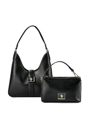 Zwei schwarze Lederhandtaschen, eine Schultertasche mit einem quadratischen Metallverschluss und eine kleinere Reißverschlusstasche mit Tragegriff oben.