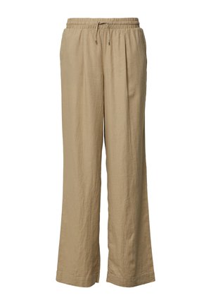 Pantalons beige à jambe large en tissu léger, avec une taille élastique et un cordon de serrage pour un ajustement adapté.