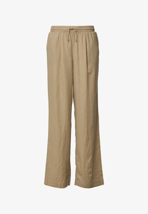 Pantalons beige à jambe large en tissu léger, avec une taille élastique et un cordon de serrage pour un ajustement adapté.