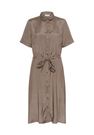 Bruine satijnen jurk met korte mouwen, kraag, knoopsluiting aan de voorkant en een strikdetail in de taille. Soepele textuur en mid-length ontwerp.