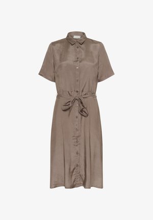 Brown satin dress with short sleeves, collar, front button closure, and a tied waist detail. Smooth texture and mid-length design.
