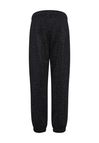 Schwarze Jogginghose aus einem strukturierten Stoff mit einem subtilen Glanz, ausgestattet mit einem elastischen Bund und gerippten Bündchen an den Knöcheln.