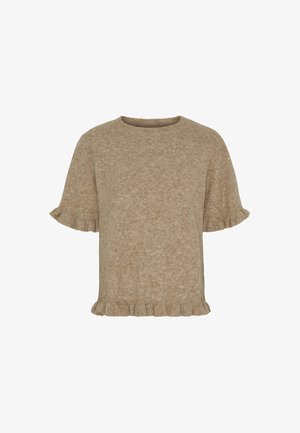 Beige kortærmet strikket sweater med flæsekant på ærmer og kant, rund halsudskæring og blødt tekstureret stof.