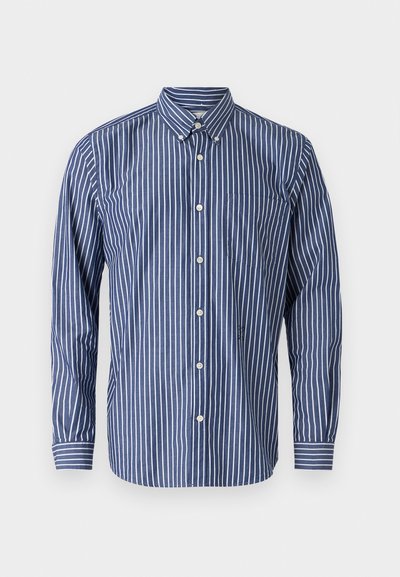 Kék és fehér csíkos gombos ing, galléros nyakkal, hosszú ujjal, zsebbel és fehér gombokkal.