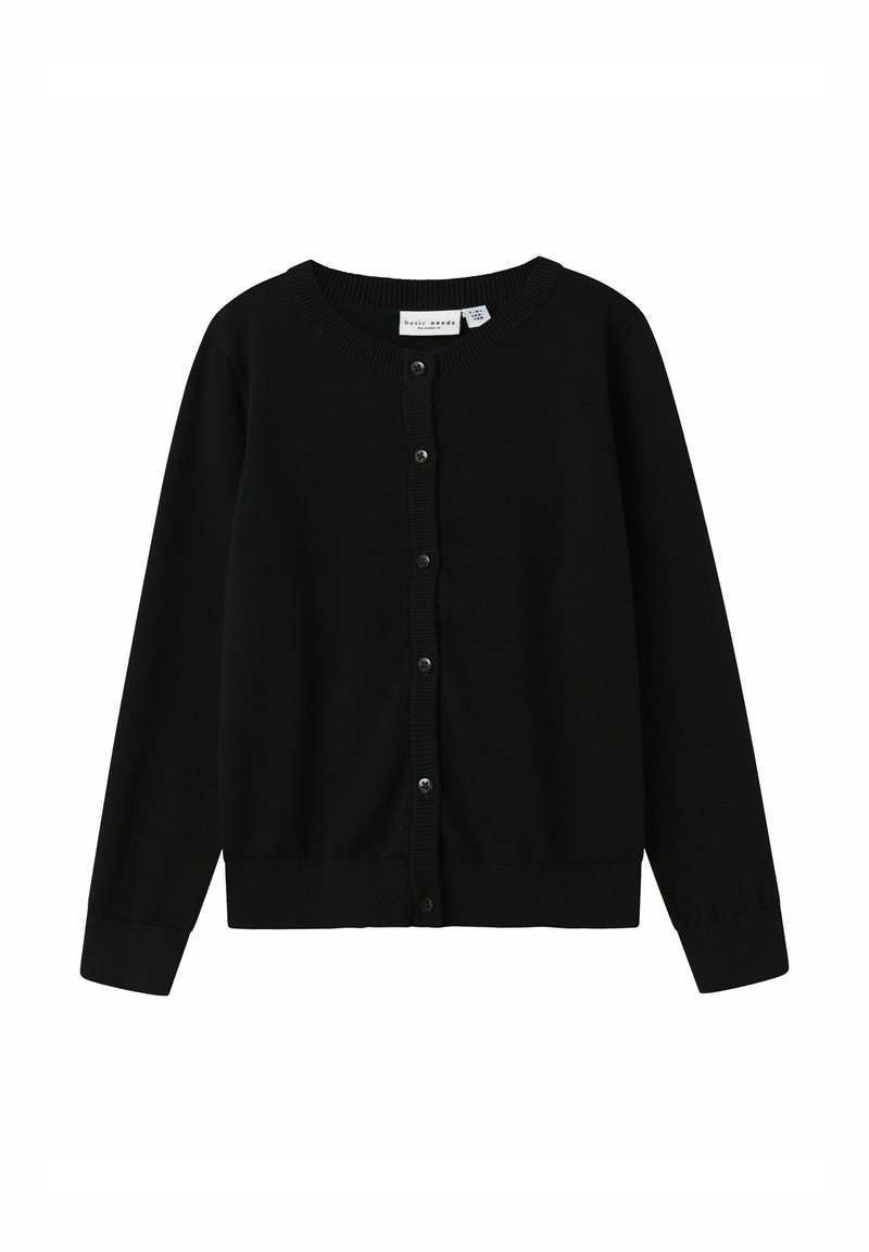 Schwarze Strickjacke aus Strickstoff mit Rundhalsausschnitt, langen Ärmeln und einer durchgehenden Knopfleiste mit sechs passenden Knöpfen.