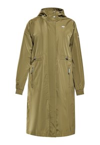 Olive green waterproof long coat with a hood, elastic cuffs, two zippered pockets, and a logo on the chest. Smooth, lightweight material.