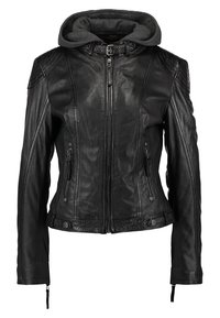 Czarna skórzana kurtka z odpinanym szarym kapturem, zamkiem błyskawicznym z przodu, strukturalnymi akcentami na ramionach oraz bocznymi kieszeniami.