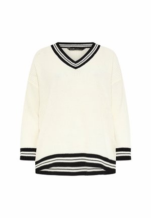 Witte gebreide trui met een V-hals en zwarte strepen op de halslijn en mouwen. Heeft een losse pasvorm en een geribbelde zoom.