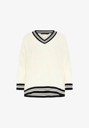 Suéter blanco de punto con cuello en V y rayas negras en el escote y las mangas. Presenta un corte holgado y un dobladillo acanalado.