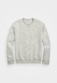 Sudadera gris claro con cuello redondo, con un logo en relieve de "Polo Ralph Lauren" en el frente y puños y dobladillo acanalados.
