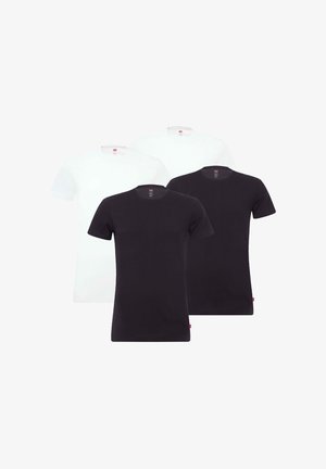 Tre kortærmede T-shirts: to hvide og en sort. Lavet af bomuld. Rund hals design med en glat tekstur. Rød etiket i kanten.