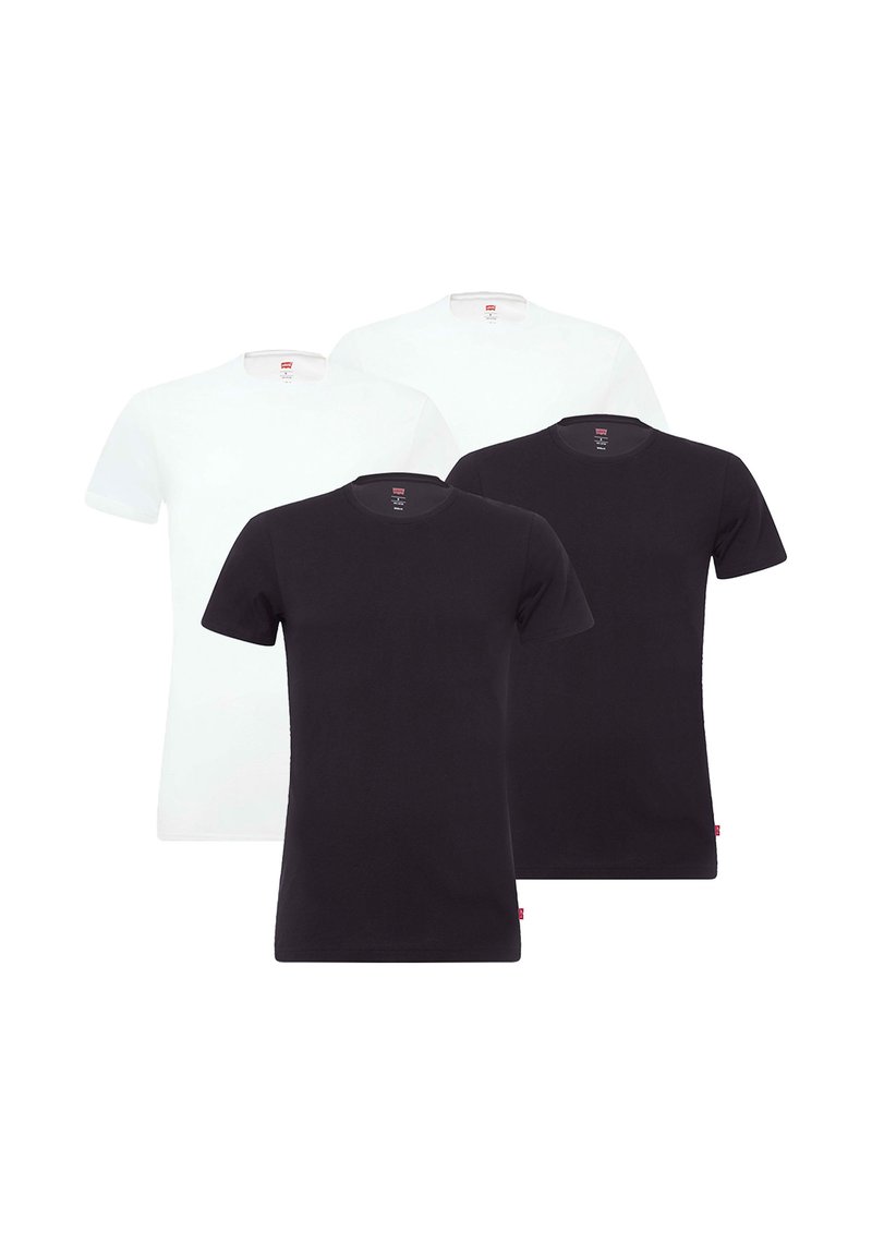 Tres camisetas de manga corta: dos blancas y una negra. Hechas de algodón. Diseño de cuello redondo con una textura suave. Etiqueta roja en el dobladillo.