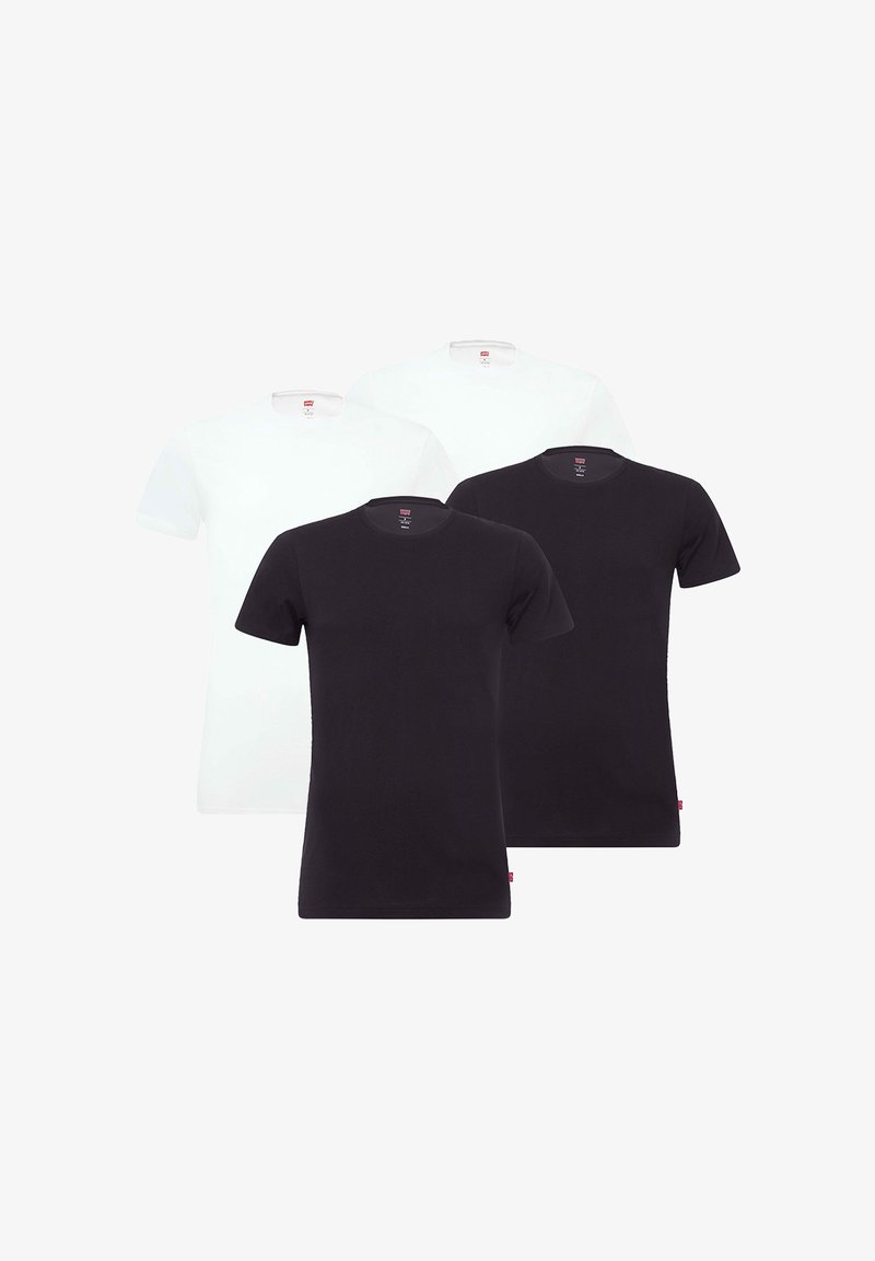 Drei kurzärmelige T-Shirts: zwei weiße und eines in schwarz. Aus Baumwolle gefertigt. Crew-Neck-Design mit glatter Textur. Rotes Etikett am Saum.