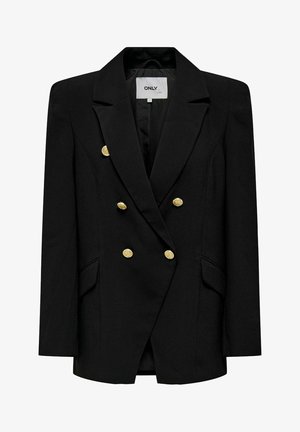 Črni dvoredni blazer z zlatimi gumbi, strukturiranimi rameni, stranskimi žepi in gladkim zaključkom. Oznaka blagovne znamke vidna znotraj.