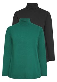 Kaksi pitkähihasta turtleneck-paitaa, yksi vihreä ja yksi musta, pehmeästä, joustavasta materiaalista, jossa on sileä pinta ja vähäisiä yksityiskohtia.
