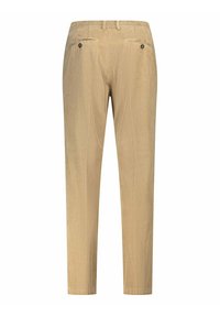 Beige corduroy broek met rechte pijpen, elastische tailleband, twee voorzakken en een subtiele verticale ribbelstructuur. Minimaal gebruik van hardware.