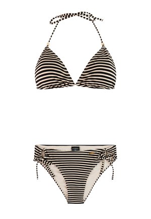 Ensemble bikini rayé comprenant un haut triangulaire à nouer autour du cou et un bas aux côtés ajustables, en noir et crème. Tissu texturé.