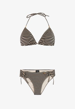 Ensemble bikini rayé comprenant un haut triangulaire à nouer autour du cou et un bas aux côtés ajustables, en noir et crème. Tissu texturé.
