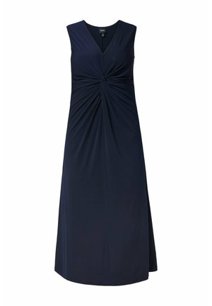 Robe sans manches bleu marine avec un décolleté en V, dotée d'un détail de nœud torsadé à la taille et d'une jupe fluide, fabriquée dans un tissu doux et extensible.